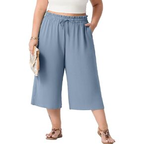 OLRIK Plus Size Capris for Women Summer Wide Leg Pants High Waist Drawstring Casual Capri Trousers with Pockets in Kuwait