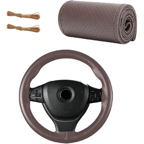 Genuine Leather Steering Wheel Cover, DIY Sewing Non-Slip Steering Wheel Wrap with Needle Thread, 15 Inch Stitching Wrap Steering Wheel Protector for Car Truck SUV (Beige, Full Hole) in Kuwait