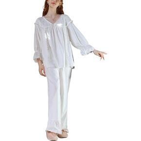 Women's Cotton Pajama Set 2 Piece Victorian Pjs Long Sleeve Pants Set Vintage Lace V Neck Lounge Set Frilly Sleepwear in Kuwait