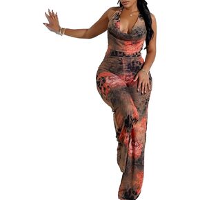 Mandonce Date Night Rompers Cheetah One Piece Jumpsuit Sleeveless Hanging Neck Sexy Halter Top Wide Leg Pants Trendy Clubwear in Kuwait