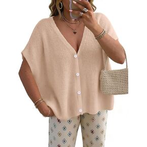 سترة نسائية كبيرة الحجم بأكمام قصيرة وخفيفة الوزن وزر على شكل حرف V كاجوال منسوجة وأغطية للشاطئ in Kuwait