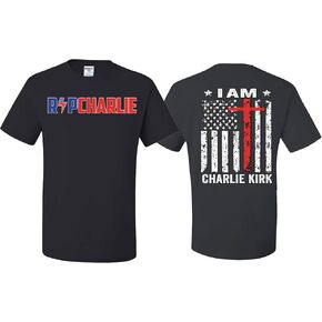 Charlie Kirk RIP Charlie Front & Back I Am Charlie Kirk USA Flag T-Shirts in Saudi Arabia