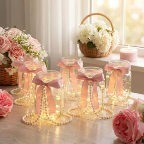 6 مجموعات من برطمانات ميسون للقطع المركزية وحفلات الزفاف ومزهريات جرة ميسون مع القوس الوردي وشريط اللؤلؤ لتزيين طاولة الزهور وحفلات الخطوبة وحفلات الزفاف in Kuwait