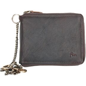 FLW Large Natural Strong Dark Brown Genuine Leather with Metal Zipper Around with Chain in Kuwait