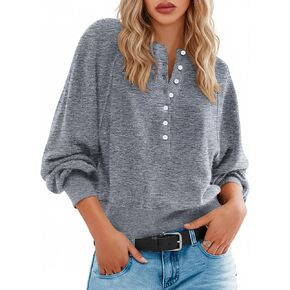 Henley Pullover Sweaters for Women Spring Button Long Sleeve Dressy Casual Loose Cozy Knit Tops Trendy Outfits in Kuwait