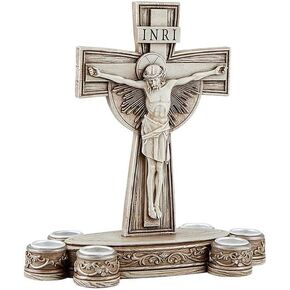 حامل شموع صليب مع 6 حوامل مستدقة - عرض تعبدي للصوم الأسبوعي - صليب راتنج مزخرف لطاولة الصلاة أو مذبح المنزل - ديكور انعكاس كاثوليكي للصوم in Kuwait