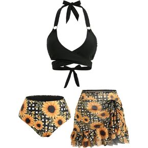 DRESSFO Womens High Waist Retro Bikini Sets 3 Pieces Sunflowers Plaid Print Halter Vintage Tankini Swimsuit Bathing Suit in Saudi Arabia