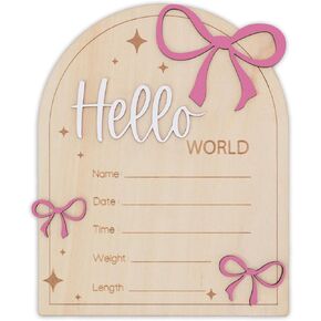 Hello World Baby Birth Stats Sign Wooden Keepsake with Pink Bow, Newborn Photo Prop, Nursery Decor, Baby Shower (Pink) in Kuwait
