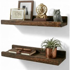 100% Real Wood Floating Shelves with Lip - 13.5 Inch Small Wall Mounted Ledge Shelf, Rustic Dark Brown Display Shelves for Nursery, Bedroom, Bathroom, Kitchen - Set of 2 in Kuwait