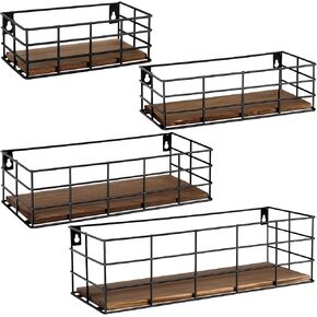 4 Sets of Hanging Floating Shelves, Metal Wire Storage Basket with Wood Bottoms, Hanging Storage Wall Shelf, Wall Mounted Shelves for Home Bathroom Living Room Bedroom Kitchen in Kuwait