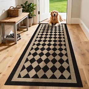 Washable Checkered Easy Jute Rug 5x7, Black Checkerboard Geometric Modern Outdoor Indoor Patio Large Rugs, Woven Thin Carpet Mat for Living Dining Room Bedroom Classroom Kids Nursery Play Room in Kuwait