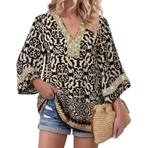 بلوزات Bebonnie النسائية 3/4 كم مطرزة برقبة على شكل حرف V بلوزات بوهو قديمة الطراز أنيقة كاجوال تونيك in Kuwait