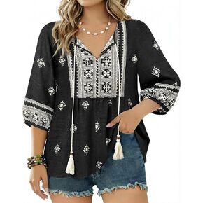 بوهو بلايز للنساء الأزهار طباعة 3/4 كم الخامس الرقبة بلوزة مطوي Flowy عطلة عادية الصيف تونك البلوزات in Kuwait