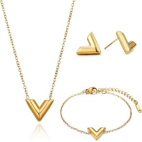 مجموعة مجوهرات مطلية بالذهب عيار 18 قيراط حرف V مكونة من 3 قطع للنساء - أقراط سوار من الفولاذ المقاوم للصدأ قابلة للتعديل وخالية من التشويه، لا تسبب الحساسية وخالية من النيكل والرصاص مجوهرات للاستخدام اليومي، هدية لعيد الميلاد وعيد الأم in Kuwait