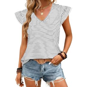 JUSTFASHIONNOW Womens Summer Ruffle Flutter Sleeve V Neck Tops, Soft Casual Striped Versatile Dressy Blouses in Saudi Arabia