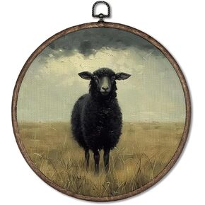 Giosve Vintage Moody Black Sheep Round Wall Art Canvas Framed Poster, Rustic Farmhouse Country Sheep Landscape Hanging Wall Sculptures for Home Bedroom Living Room Decor, 10x10 Inch in Kuwait