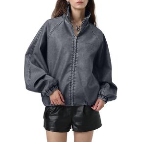 Bakyarder Women’s Bomber Faux Leather Jacket Vintage Distressed Zip Up Streetwear Coat, Outerwear for Fall Outfit in Kuwait