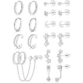 10 Pairs Hypoallergenic earrings set, Gold Plated Surgical Steel Flat Back Stud & Hoop Earring for Women & Men Huggie Hoops Cartilage Earrings Jewelry Gift set in Saudi Arabia