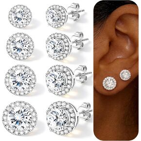 4 Pairs Silver Stud Earrings for Women, 18K Silver Plated Hypoallergenic Premium Cubic Zirconia Earrings, Halo Round Square Stud Earrings Set for Women Men in Kuwait