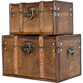 Vintage Wooden Storage Trunk Set of 2 with Antique Finish, Decorative Wooden Boxes with Metal Embellishments, Nesting Treasure Chest for Home Décor, Jewelry, Keepsakes, Gifts, Brown in Kuwait
