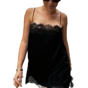 Satin Lace Trim Cami Tops for Women Silk V Neck Spaghetti Strap Camisole Sexy Going Out Party Shirts in Kuwait