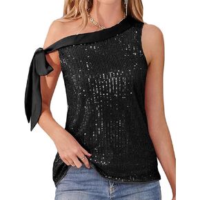Testudineus Womens Sparkle Sequin One Shoulder Shirt Tank Top Bow Knot Sleeveless Shiny Sequin Blouse Loose Fit Vest in Kuwait