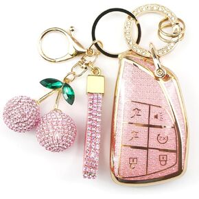 Sparkly Key Fob Cover with Cherry Keychain, Bling TPU Smart Key Case for Women, Compatible with Chevy Suburban Tahoe GMC Yukon GMC Yukon Denali GMC Yukon XL 1500 (6-Button, Gold Pink) in Kuwait