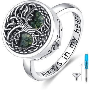 Tree of Life Urn Ring for Ashes 925 Sterling Silver Family Tree Memorial Rings with Moss Agate, Always in My Heart Cremation Keepsake Band for Women Men in Kuwait