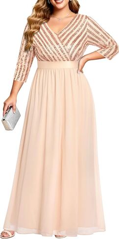 Womens Plus Size Formal Dresses - V Neck 3/4 Sleeve Sequin Prom Evening Gowns Long Maxi Dress in Kuwait
