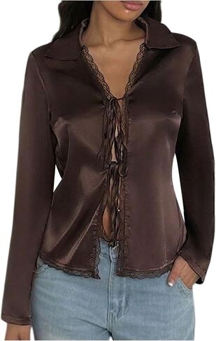 SweatyRocks Women's Tie Front Lace Trim Deep V Neck Long Sleeve Silk Satin Blouse Going Out Shirts in Saudi Arabia
