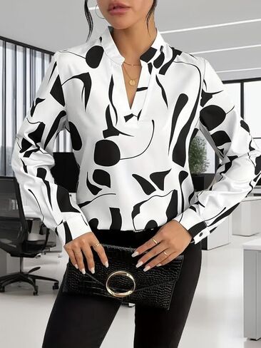 Women's Printed Notch Collar Casual Loose Fit Long Sleeve Shirt in Saudi Arabia