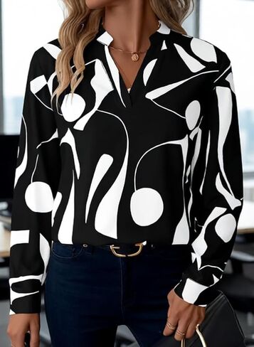 Women's Printed Notch Collar Casual Loose Fit Long Sleeve Shirt in Saudi Arabia