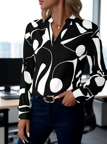Women's Printed Notch Collar Casual Loose Fit Long Sleeve Shirt in Saudi Arabia