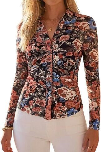 CHICME Sheer Mesh Button Down Shirt for Women Floral Print Tops Long Sleeve Shirts Slim Fit Ruched Boho Y2K Blouse in Kuwait