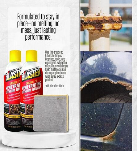 حزمة 2X Blaster Original PB Lithium Grease 8 أونصة مع قطعة قماش من الألياف الدقيقة - مادة تشحيم ليثيوم بيضاء متعددة الأسطح لمفصلات المرآب والمسارات والأدوات - مجموعة هدايا (3 عناصر) in Kuwait