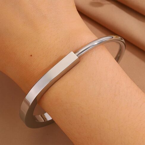 Silver Lock Bracelet for Women, Stainless Steel Open Cuff Bangle, Sleek Minimalist Hardware Jewelry in Saudi Arabia
