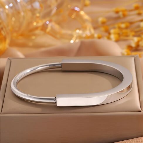 Silver Lock Bracelet for Women, Stainless Steel Open Cuff Bangle, Sleek Minimalist Hardware Jewelry in Saudi Arabia