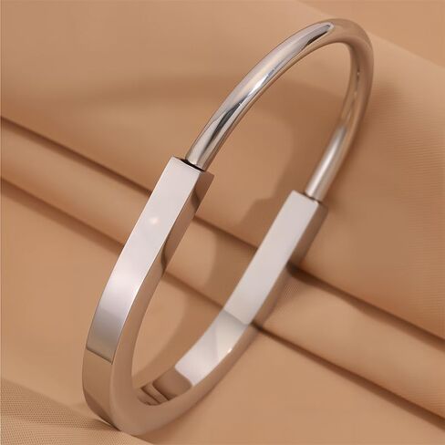 Silver Lock Bracelet for Women, Stainless Steel Open Cuff Bangle, Sleek Minimalist Hardware Jewelry in Saudi Arabia