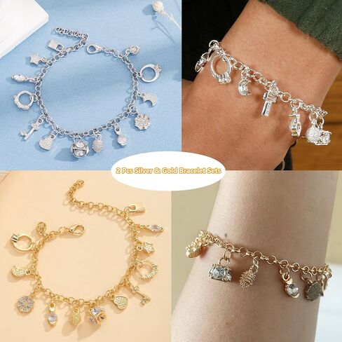 2Pcs Gold and Silver Bracelet for Women, Thirteen Pendant Adjustable Bracelets Charm Bracelet for Female, Trendy Minimalist Bangle Bracelets for Women Gift in Saudi Arabia