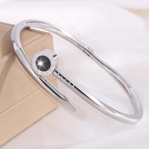 Silver Stainless Steel Nail Bangle Bracelet for Women Cuff Jewelry Gift(Black) in Saudi Arabia