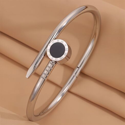 Silver Stainless Steel Nail Bangle Bracelet for Women Cuff Jewelry Gift(Black) in Saudi Arabia