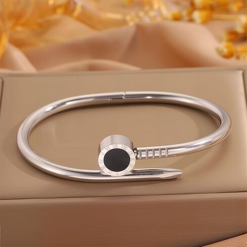 Silver Stainless Steel Nail Bangle Bracelet for Women Cuff Jewelry Gift(Black) in Saudi Arabia