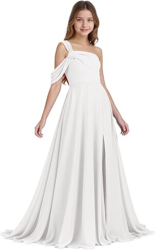 One Shoulder Junior Bridesmaid Dresses Chiffon Flower Girl Dress for Wedding Guess Formal Dress with Slit in Saudi Arabia