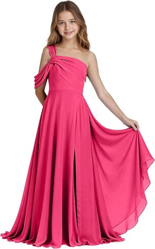 One Shoulder Junior Bridesmaid Dresses Chiffon Flower Girl Dress for Wedding Guess Formal Dress with Slit in Saudi Arabia