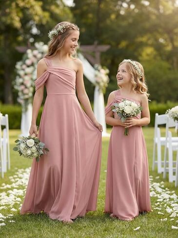 One Shoulder Junior Bridesmaid Dresses Chiffon Flower Girl Dress for Wedding Guess Formal Dress with Slit in Saudi Arabia