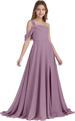 One Shoulder Junior Bridesmaid Dresses Chiffon Flower Girl Dress for Wedding Guess Formal Dress with Slit in Saudi Arabia