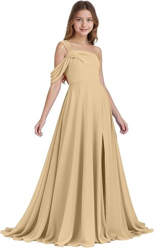 One Shoulder Junior Bridesmaid Dresses Chiffon Flower Girl Dress for Wedding Guess Formal Dress with Slit in Saudi Arabia