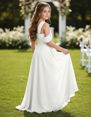 One Shoulder Junior Bridesmaid Dresses Chiffon Flower Girl Dress for Wedding Guess Formal Dress with Slit in Saudi Arabia