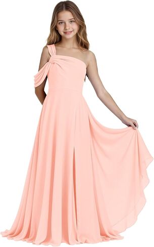 One Shoulder Junior Bridesmaid Dresses Chiffon Flower Girl Dress for Wedding Guess Formal Dress with Slit in Saudi Arabia