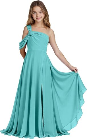 One Shoulder Junior Bridesmaid Dresses Chiffon Flower Girl Dress for Wedding Guess Formal Dress with Slit in Saudi Arabia